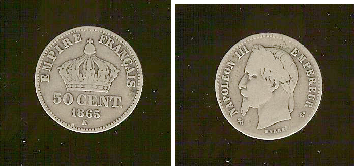 50 centimes Napoléon III, tête laurée 1865 Bordeaux TB à TB+